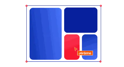 Interface de disposition de blocs colorés, avec plusieurs rectangles arrondis en bleu et un en rouge. Un curseur avec le nom 'Jérôme' pointe vers le bloc rouge, indiquant une interaction ou une sélection.