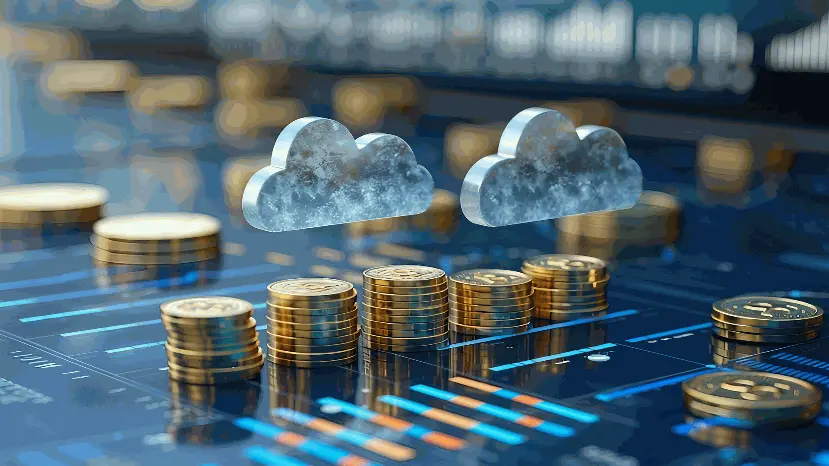 Représentation symbolique de la finance numérique avec des piles de pièces dorées et des icônes de nuages flottant au-dessus. Le fond est rempli de graphiques et de données, suggérant l'association entre les services cloud et l'économie numérique.